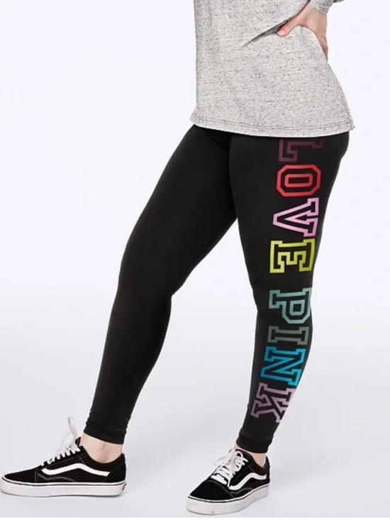 PINK Victoria's Secret Black Rainbow High-Waisted Leggings Logo Print Graphic L - Picture 15 of 16
